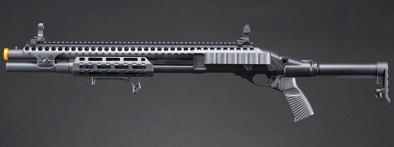 Golden Eagle M8875 3/6-Shot Pump Action Gas Airsoft Shotgun w/ Flip Up Sights, M-LOK, Picatinny Rail &amp; M4 Buffer Stock, COLOR: Black