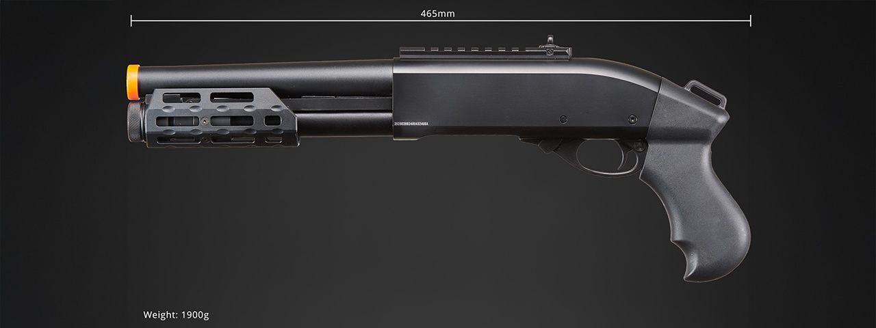 Golden Eagle M8879 3/6-Shot Pump Action Gas Airsoft Sawed-Off Shotgun w/ M-LOK Forend, COLOR: Black