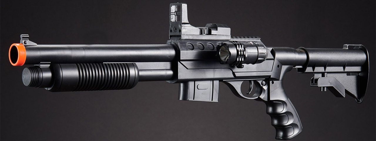 UKARMS M0581C Spring Shotgun with Pressure Switch Laser, Mock Red Dot Scope, Retractable LE Stock