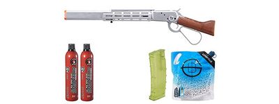 Atlas Custom Works M1873 &quot;Mares Leg&quot; Lever Action Airsoft Green Gas Rifle with M-LOK Rail and Suppressor Ammo - Green Gas Combo