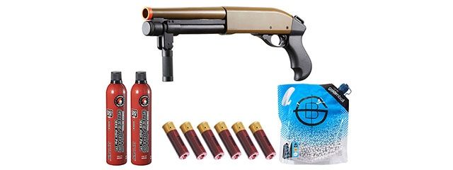 Golden Eagle M8876 3/6-Shot Pump Action Gas Airsoft Sawed-Off Shotgun with Forend Handle Shell - Green Gas Combo