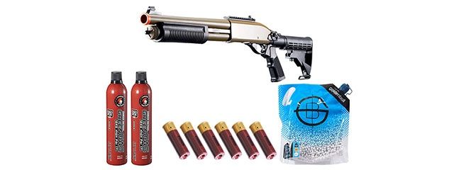 Golden Eagle M8871 3/6-Shot Pump Action Gas Airsoft Shotgun with Ghost Ring Iron Sights-M4 Crane Stock-Shell-Green Gas