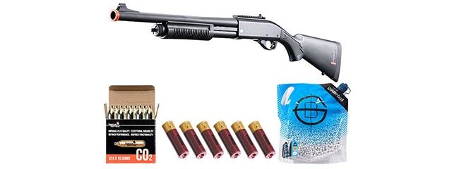 Golden Eagle M8870 3/6-Shot Pump Action CO2 Airsoft Shotgun with Ghost Ring Iron Sights - Shell - CO2 Combo