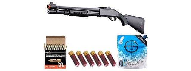 Golden Eagle M870 3/6-Shot Pump Action CO2 Airsoft Shotgun with Mock Shell Tube &amp; Ghost Ring Iron Sights - Shell - CO2 Combo, COLOR: Black