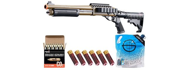 Golden Eagle M8873 3/6-Shot Pump Action CO2 Airsoft Shotgun with Optic Rail &amp; M4 Crane Stock - Shell - CO2 Combo