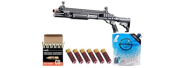 Golden Eagle M8874 3/6-Shot Pump Action CO2 Airsoft Shotgun with Flip Up Sights - Picatinny Rail - M4 Crane Stock - Shell - CO2 Combo, COLOR: Black