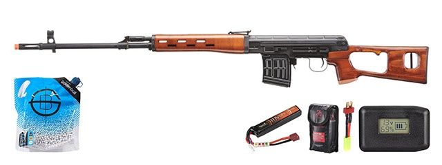 LCT SVD Dragunov Electric Airsoft Sniper Rifle - Real Wood Furniture - Battery - Adapter- Charger Combo