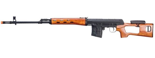 Atlas Custom Works SVD Dragunov Electric Airsoft Sniper Rifle - Real Wood Furniture &amp; Fixed Sportsman Stock