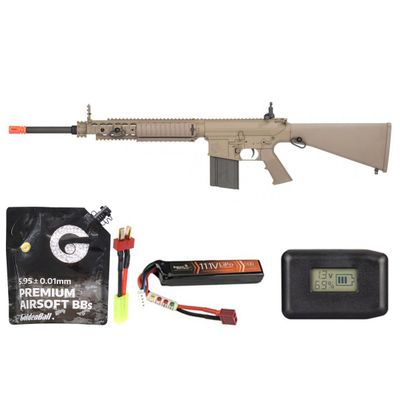 Ares SR25 RIS Sniper Airsoft AEG Rifle - Battery-Adapter-Charger Combo - Tan