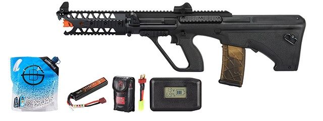 Army Armament Aug 7" Raptor Aeg Airsoft Rifle - Battery/Adapter/Charger Combo, COLOR: Black