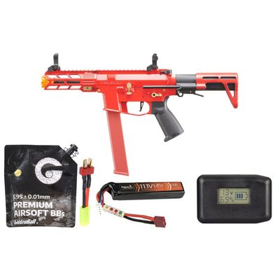 Classic Army Nemesis X9 PDW SMG AEG Airsoft Rifle- Battery-Adapter-Charger Combo - Red