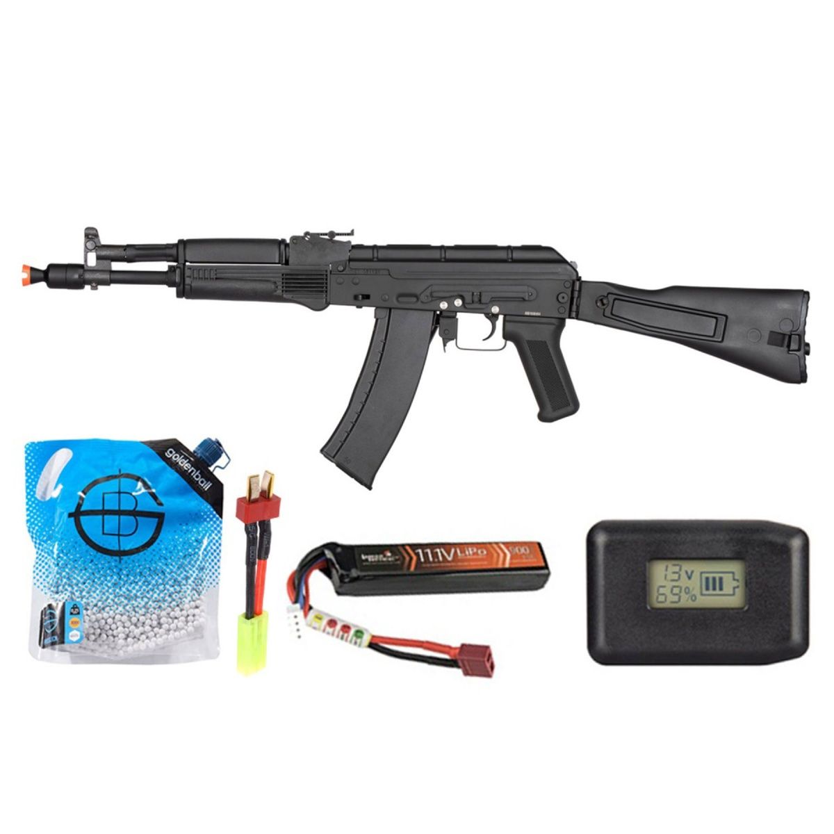 Double Bell Ak-105 Airsoft Aeg Rifle W/ Foldable Stock - Battery-Adapter-Charger Combo - Black