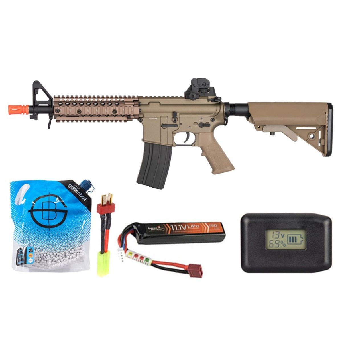 Double Bell Mk18 7.5" Aeg Full Metal Airsoft Rifle - Battery-Adapter-Charger Combo - Tan