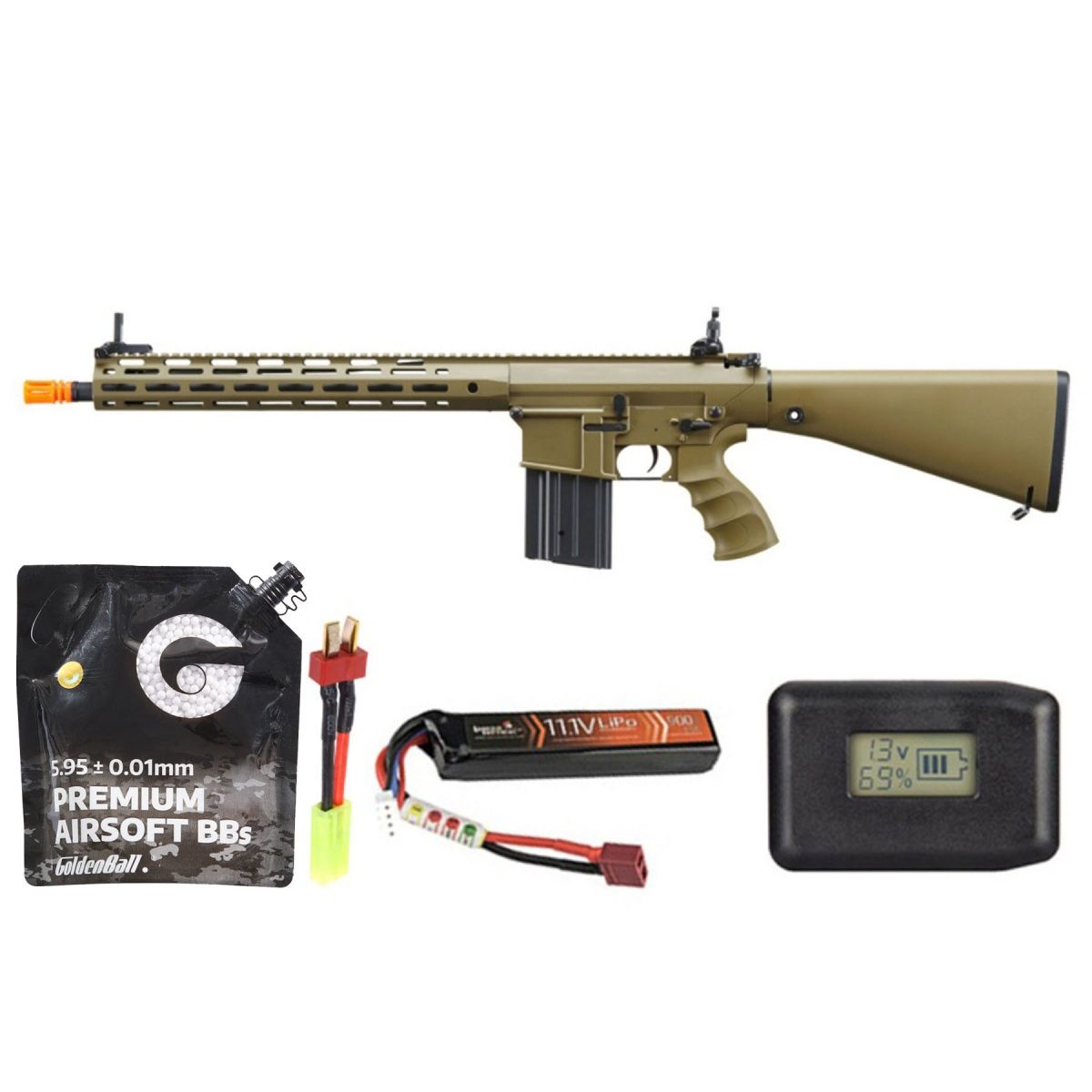 Golden Eagle Airsoft SR-25K W/ URX4 M-LOK Handguard &amp; Full Stock - Battery-Adapter-Charger Combo - Tan