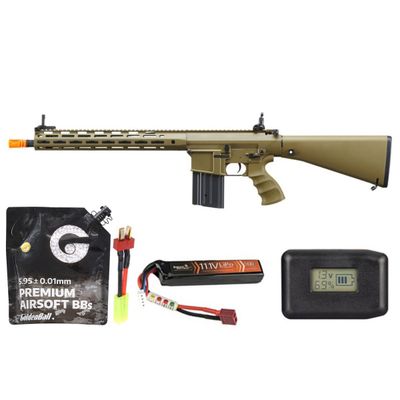 Golden Eagle Airsoft SR-25K W/ URX4 M-LOK Handguard &amp; Full Stock - Battery-Adapter-Charger Combo - Tan