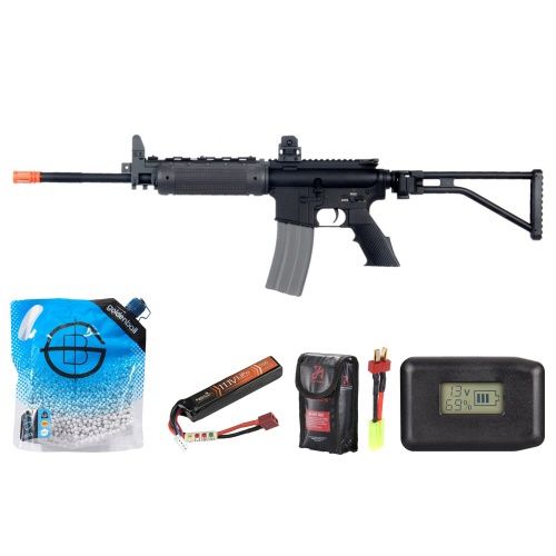 Atlas Custom Works M4 Gr-300 Long Version Airsoft Aeg Rifle W/ Folding Stock - Battery+Adapter+Charger Combo - Black