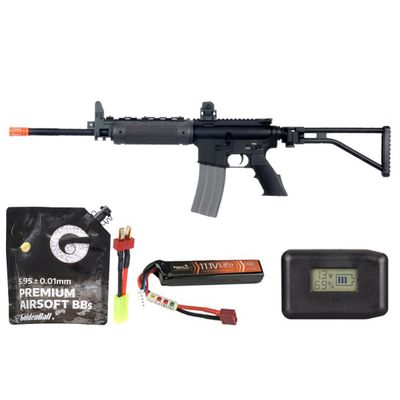 Atlas Custom Works M4 Gr-300 Long Version Airsoft Aeg Rifle W/ Folding Stock - Battery+Adapter+Charger Combo - Black