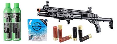 Golden Eagle M8875 3/6-shot Pump Action Gas Airsoft Shotgun W/ Flip Up Sights, M-lok, Picatinny Rail &amp; M4 Buffer Stock - Green Gas/Shell Combo