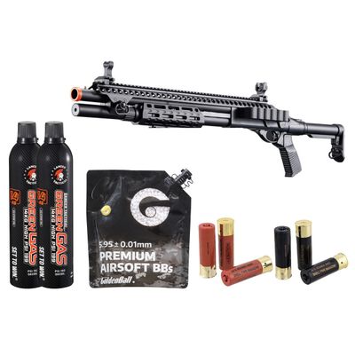 Golden Eagle M8875 3/6-shot Pump Action Gas Airsoft Shotgun W/ Flip Up Sights, M-lok, Picatinny Rail &amp; M4 Buffer Stock - Green Gas/Shell Combo