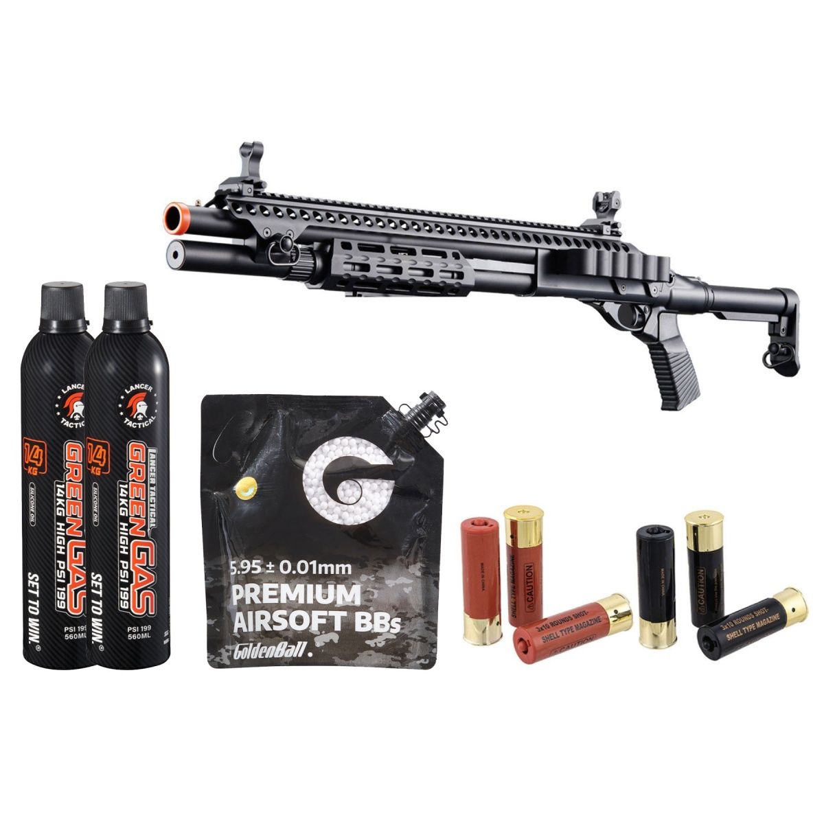 Golden Eagle M8875 3/6-shot Pump Action Gas Airsoft Shotgun W/ Flip Up Sights, M-lok, Picatinny Rail &amp; M4 Buffer Stock - Green Gas/Shell Combo, COLOR: Black