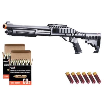Golden Eagle M8873 3/6-shot Pump Action Co2 Airsoft Shotgun W/ Optic Rail &amp; M4 Crane Stock - CO2/Shell Combo