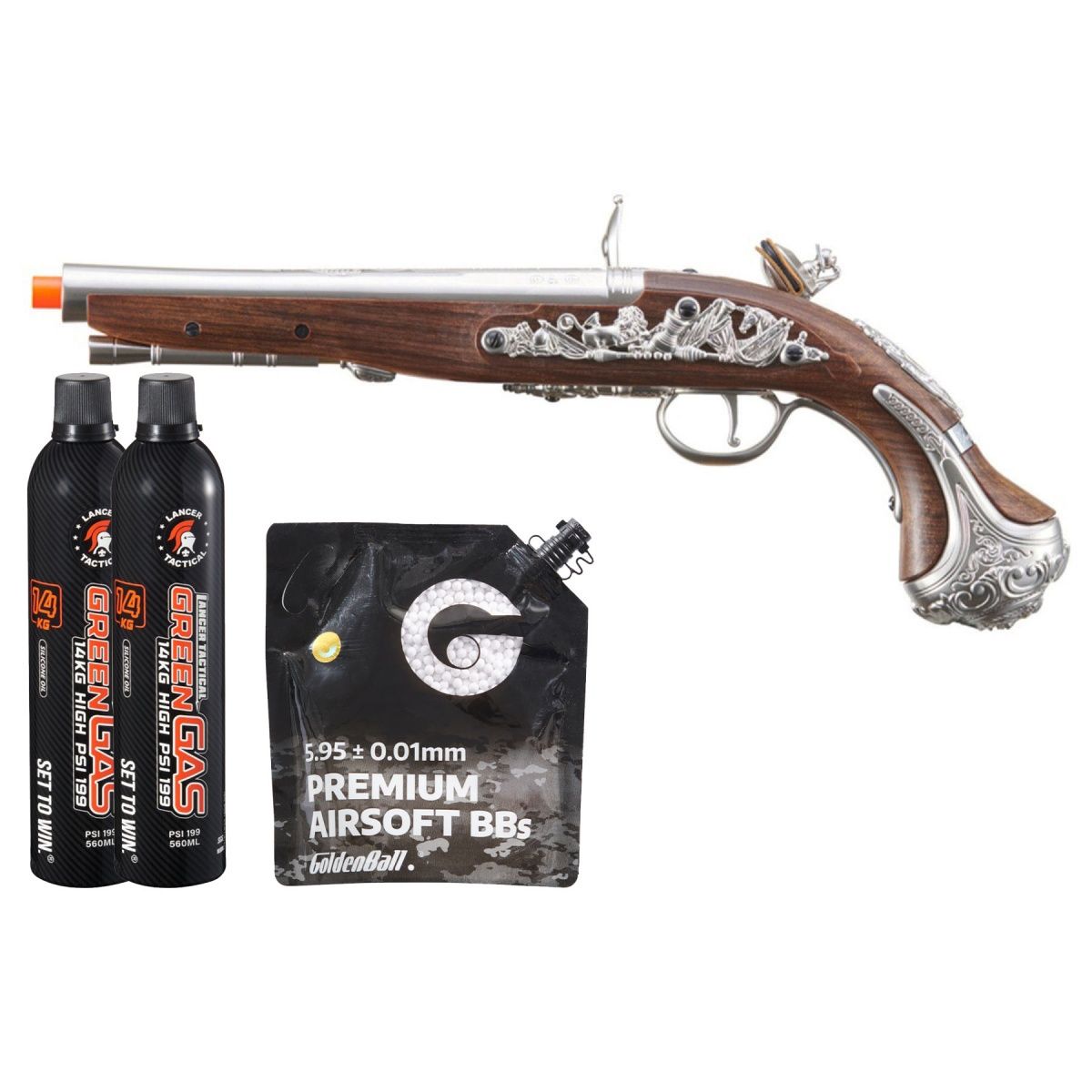 HFC George Washington Flintlock Airsoft Green Gas Powered Pistol - Combo