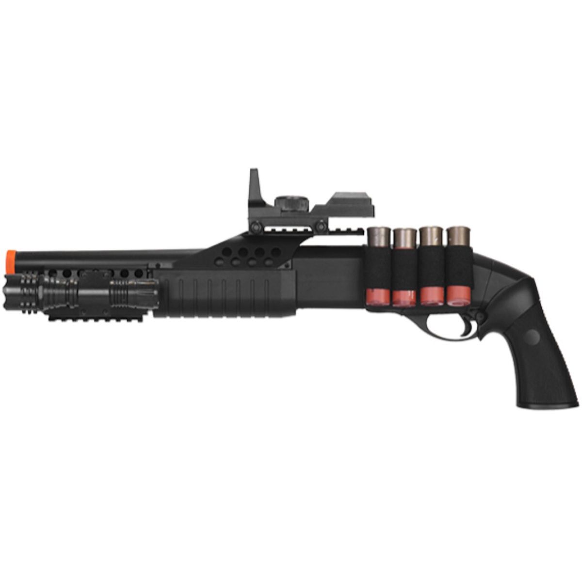 M180B2 Spring Shotgun RIS Pistol Grip + 4 Bullet Shells-Shell Holder-Flashlight-Mock red Dot Scope
