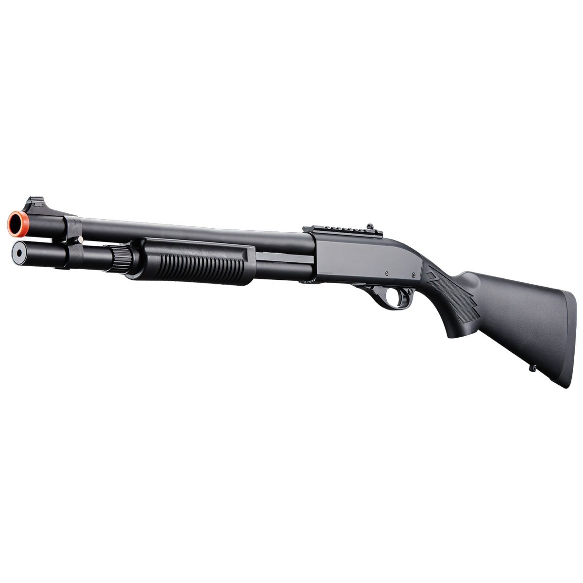 Golden Eagle M870 3/6-Shot Pump Action Gas Airsoft Shotgun w/ Mock Shell Tube &amp; Ghost Ring Iron Sights, COLOR: Black