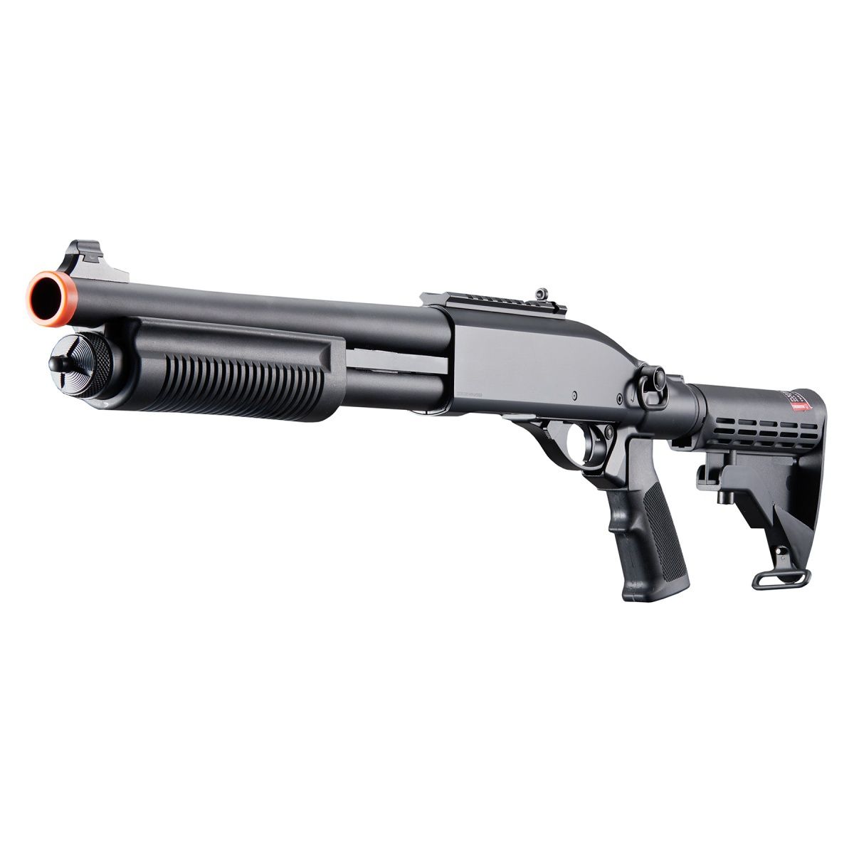 Golden Eagle M8871 3/6-Shot Pump Action CO2 Gas Airsoft Shotgun w/ Ghost Ring Iron Sights &amp; M4 Crane Stock, COLOR: Black