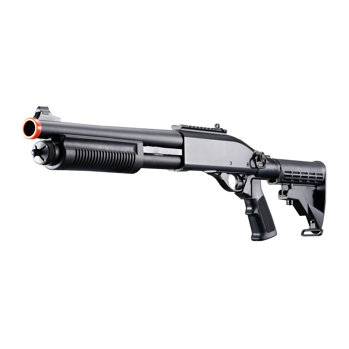 Golden Eagle M8871 3/6-Shot Pump Action Gas Airsoft Shotgun w/ Ghost Ring Iron Sights &amp; M4 Crane Stock, COLOR: Black