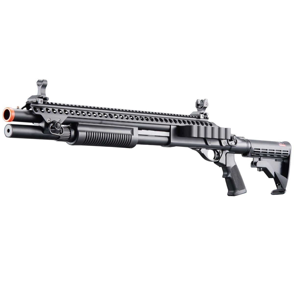 Golden Eagle M8874 3/6-Shot Pump Action Gas Airsoft Shotgun w/ Flip Up Sights, Picatinny Rail &amp; M4 Crane Stock, COLOR: Black