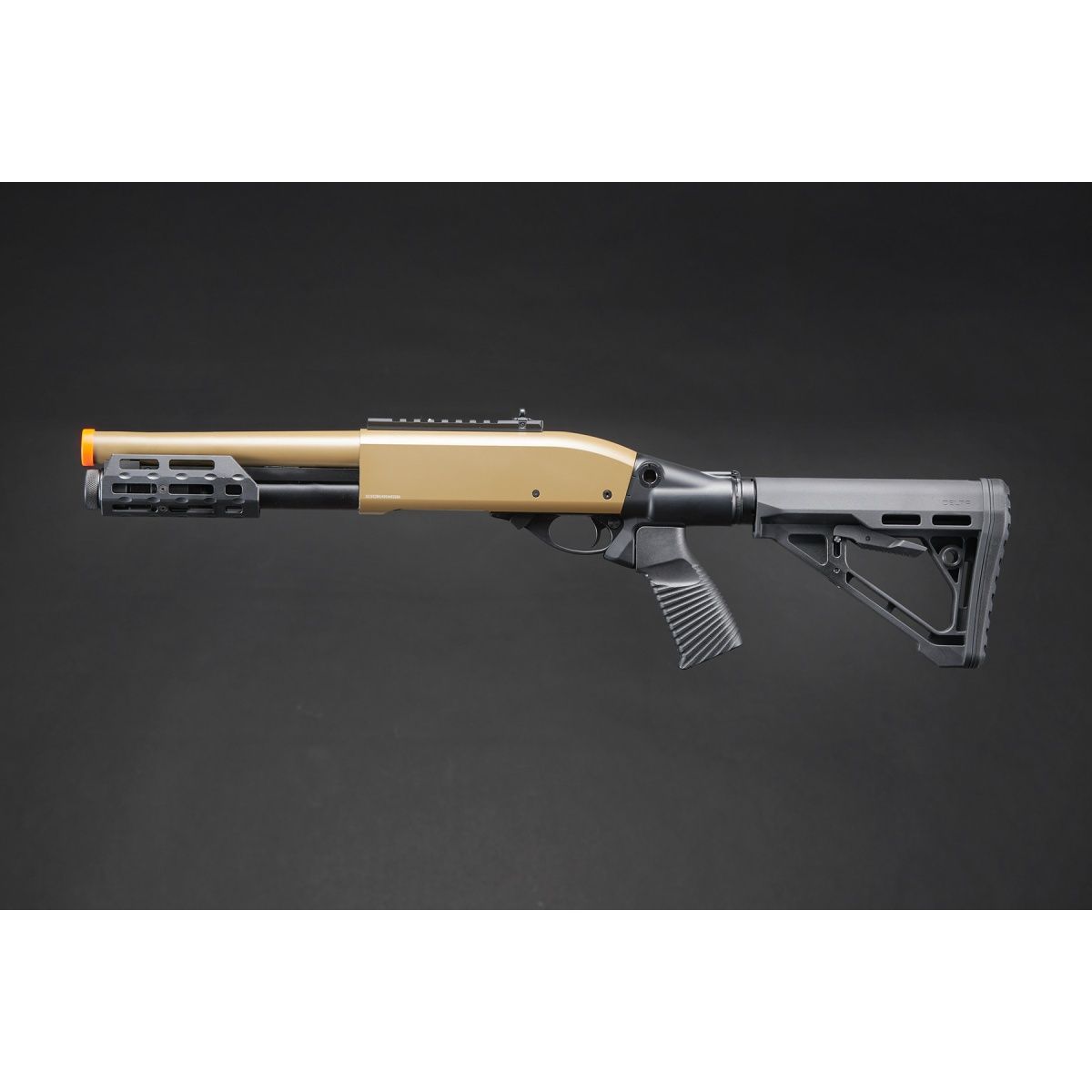 Golden Eagle M8878 3/6-Shot Pump Action Gas Airsoft Sawed-Off Shotgun w/ M-LOK Forend &amp; Delta Stock, COLOR: Tan