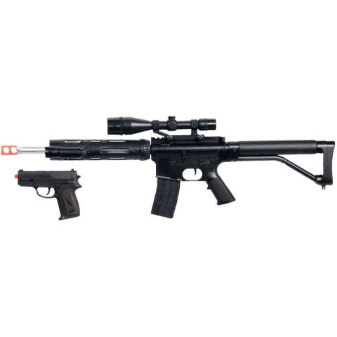 UK Arms Airsoft Spring Rifle with Attachments &amp; Pistol Combo - BLACK