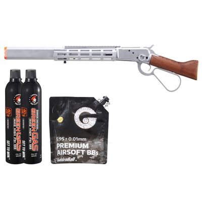 Atlas Custom Works M1873 "Mares Leg" Lever Action Airsoft Green Gas Rifle with M-LOK Rail and Suppressor Ammo - Green Gas Combo