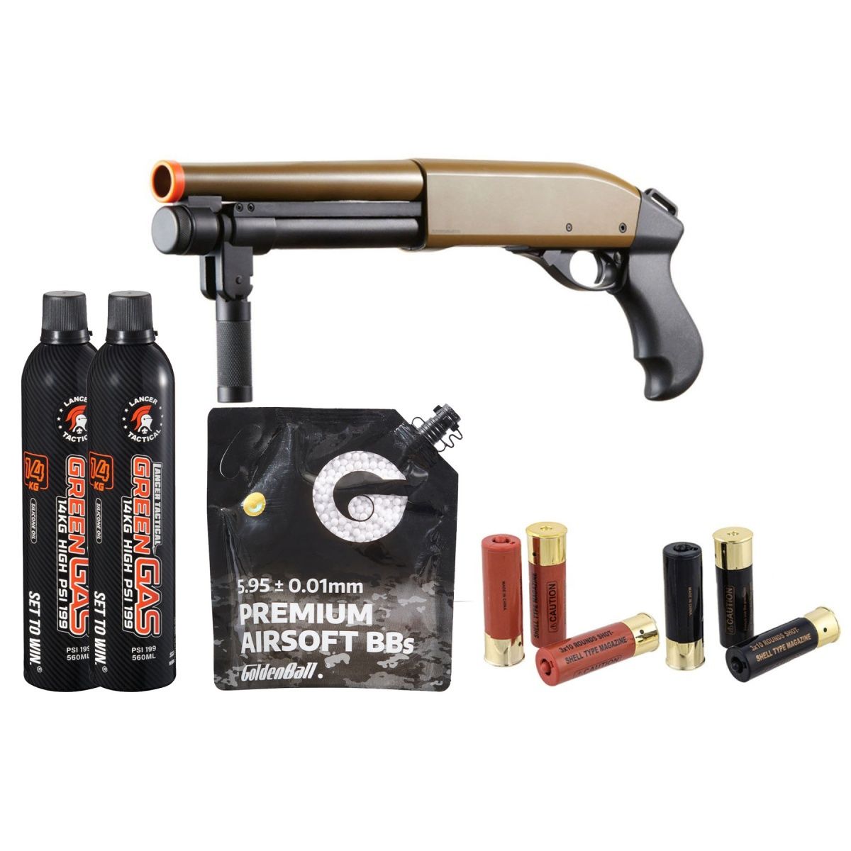 Golden Eagle M8876 3/6-Shot Pump Action Gas Airsoft Sawed-Off Shotgun with Forend Handle Shell - Green Gas Combo