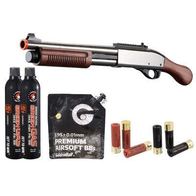 Golden Eagle M8877 3/6-Shot Pump Action Gas Airsoft Sawed-Off Shotgun - Shell &amp; Green Gas Combo