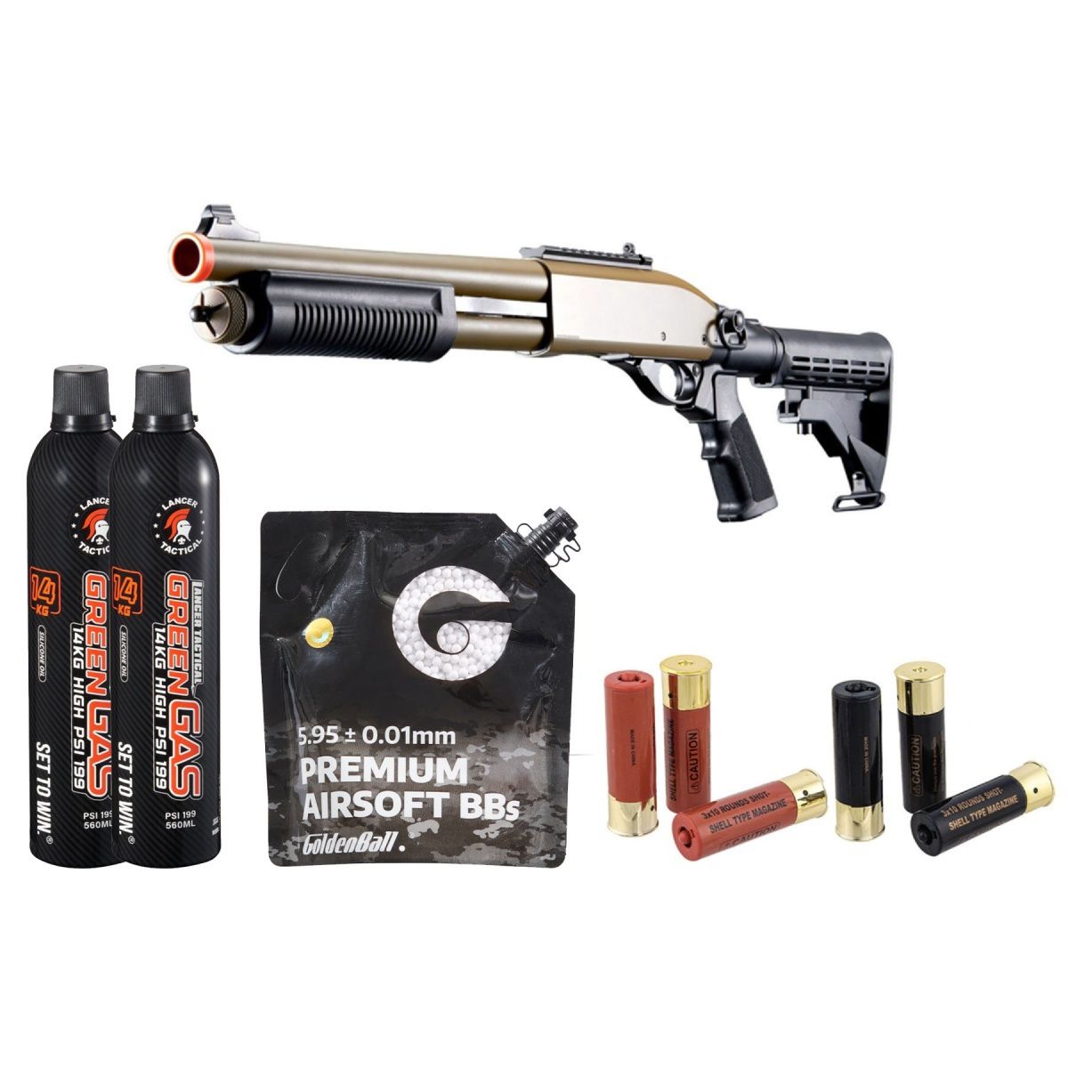 Golden Eagle M8871 3/6-Shot Pump Action Gas Airsoft Shotgun with Ghost Ring Iron Sights-M4 Crane Stock-Shell-Green Gas