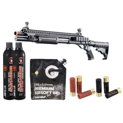 Golden Eagle M8874 3/6-Shot Pump Action Gas Airsoft Shotgun with Flip Up Sights - Picatinny Rail - M4 Crane Stock - Shell - Green Gas