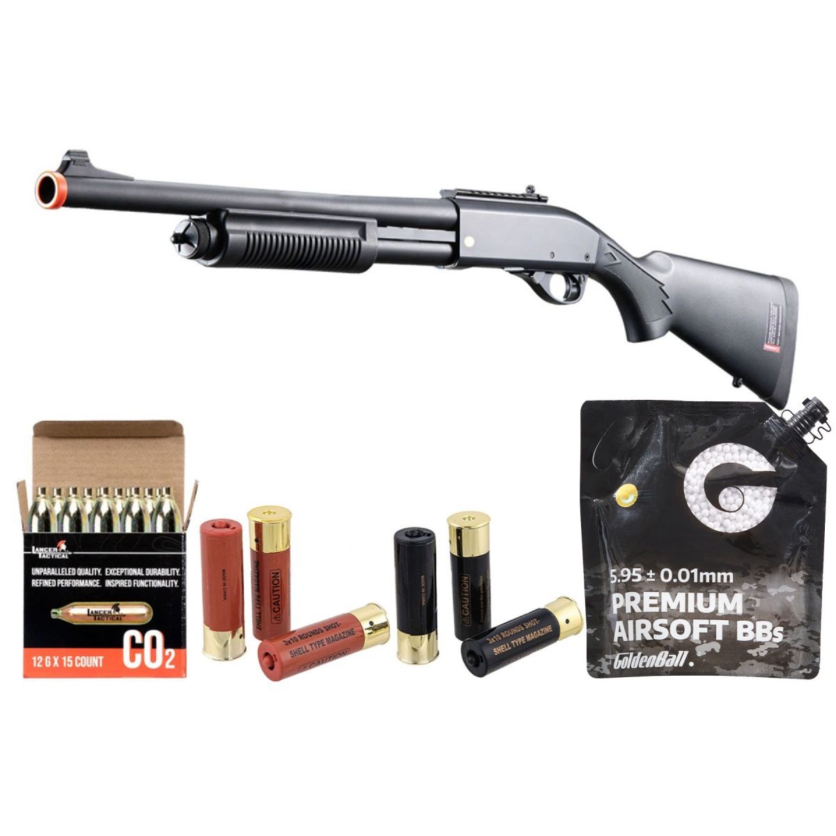 Golden Eagle M8870 3/6-Shot Pump Action CO2 Airsoft Shotgun with Ghost Ring Iron Sights - Shell - CO2 Combo