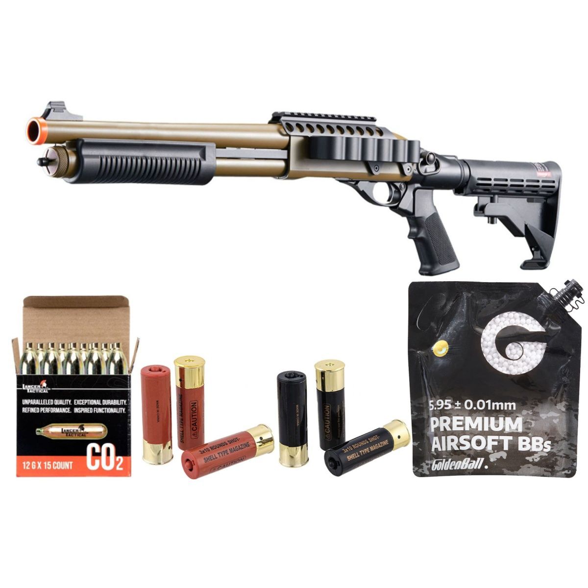 Golden Eagle M8873 3/6-Shot Pump Action CO2 Airsoft Shotgun with Optic Rail &amp; M4 Crane Stock - Shell - CO2 Combo
