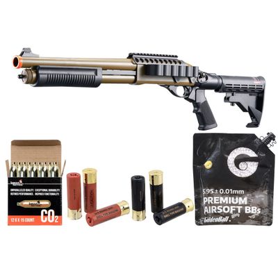 Golden Eagle M8873 3/6-Shot Pump Action CO2 Airsoft Shotgun with Optic Rail &amp; M4 Crane Stock - Shell - CO2 Combo