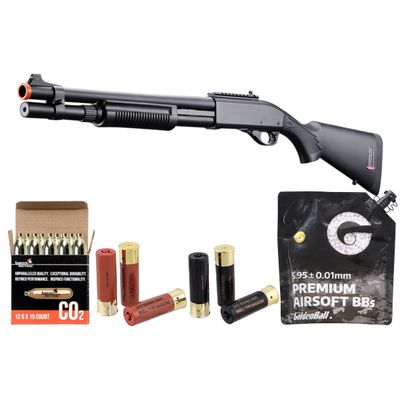 Golden Eagle M870 3/6-Shot Pump Action CO2 Airsoft Shotgun with Mock Shell Tube &amp; Ghost Ring Iron Sights - Shell - CO2 Combo