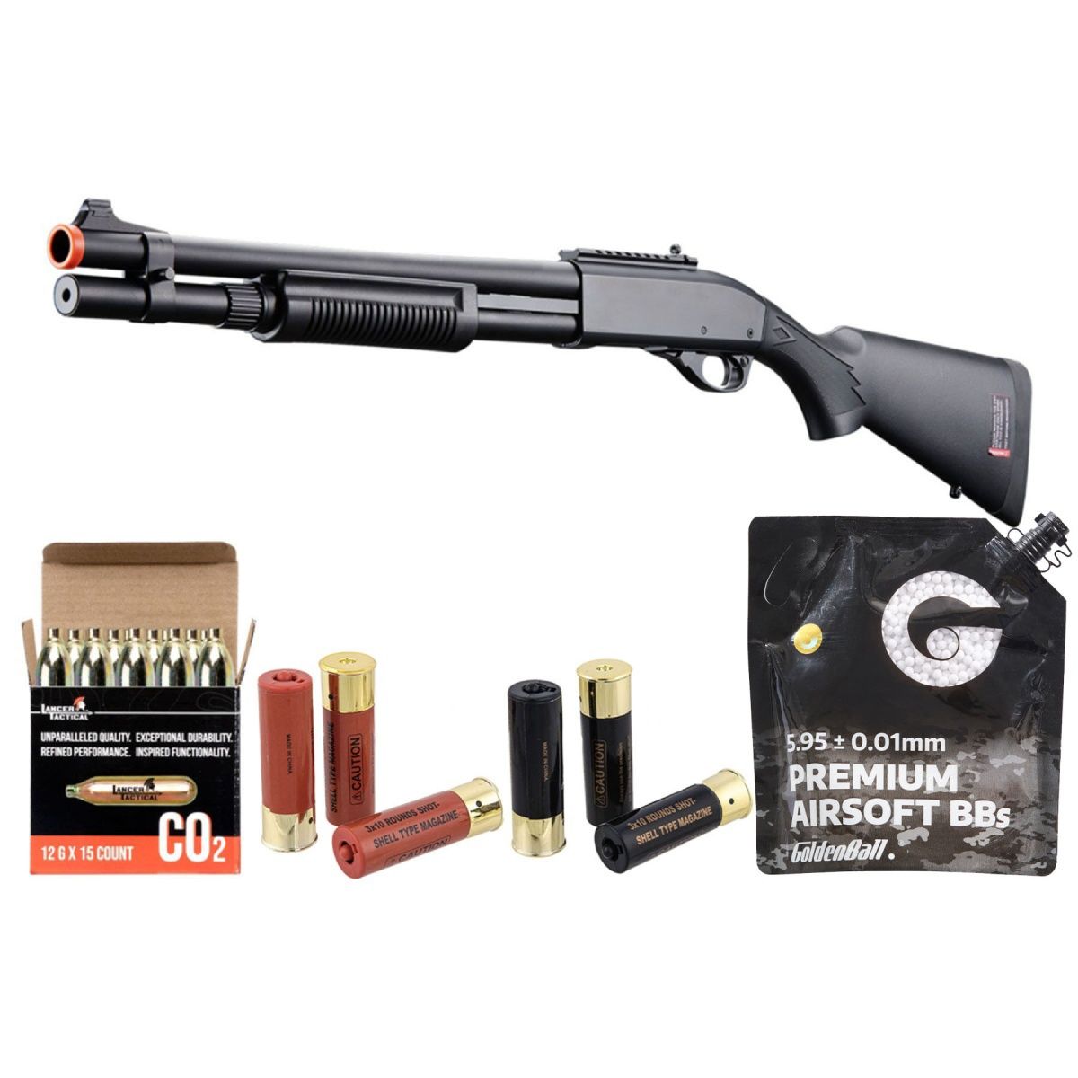 Golden Eagle M870 3/6-Shot Pump Action CO2 Airsoft Shotgun with Mock Shell Tube &amp; Ghost Ring Iron Sights - Shell - CO2 Combo, COLOR: Black