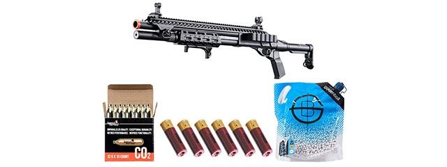 Golden Eagle M8875 3/6-Shot Pump Action CO2 Airsoft Shotgun with Flip Up Sights - M-LOK - Picatinny Rail - M4 Buffer Stock - Shell - CO2 Combo, COLOR: Black