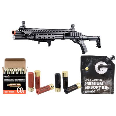 Golden Eagle M8875 3/6-Shot Pump Action CO2 Airsoft Shotgun with Flip Up Sights - M-LOK - Picatinny Rail - M4 Buffer Stock - Shell - CO2 Combo