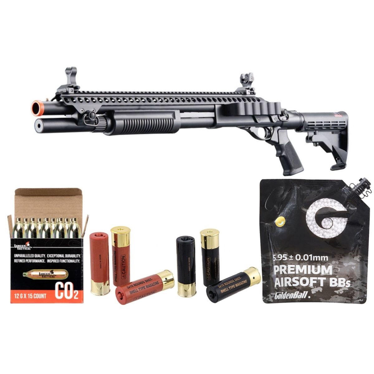 Golden Eagle M8874 3/6-Shot Pump Action CO2 Airsoft Shotgun with Flip Up Sights - Picatinny Rail - M4 Crane Stock - Shell - CO2 Combo, COLOR: Black
