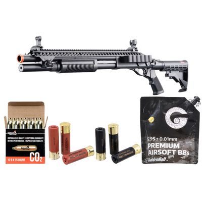Golden Eagle M8874 3/6-Shot Pump Action CO2 Airsoft Shotgun with Flip Up Sights - Picatinny Rail - M4 Crane Stock - Shell - CO2 Combo