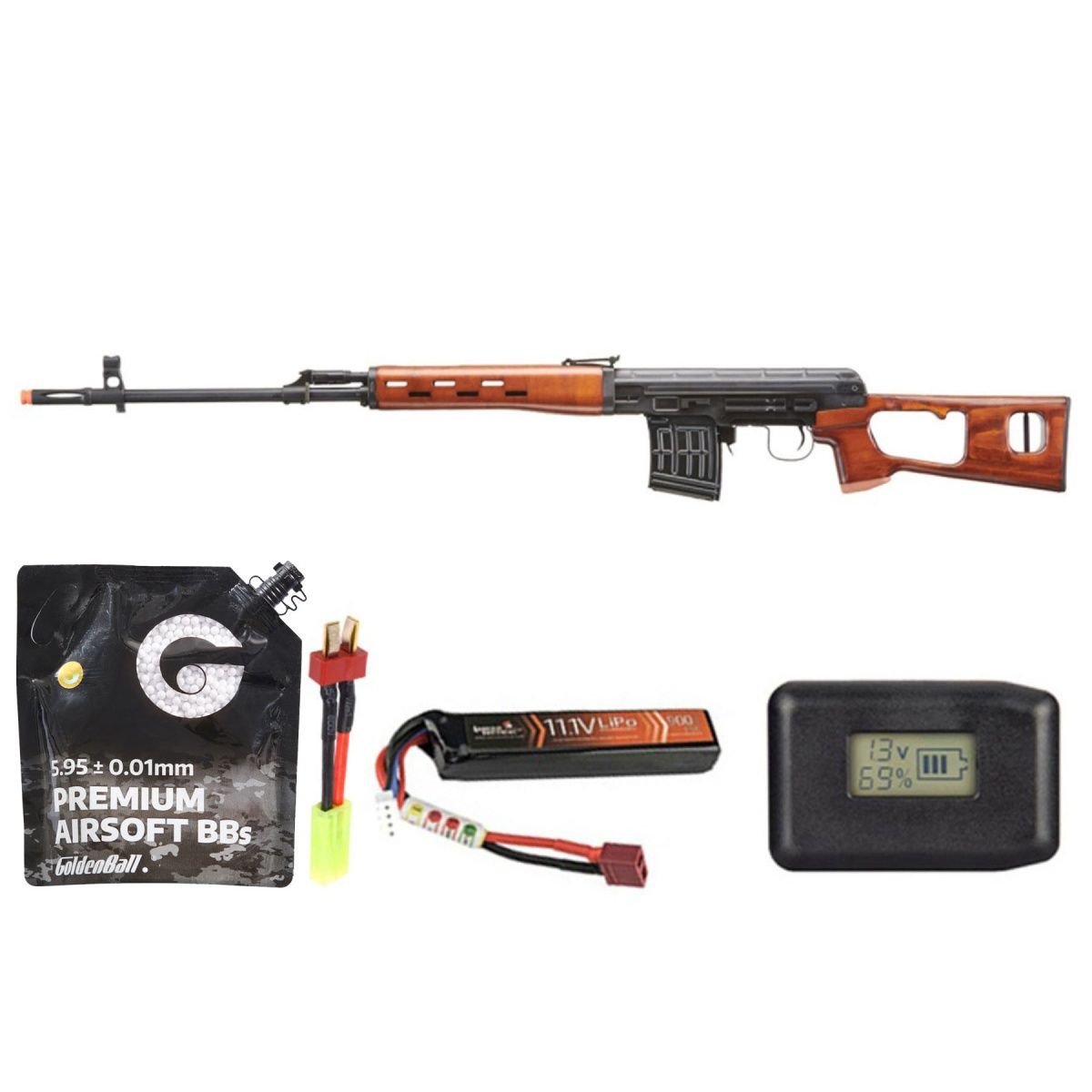 LCT SVD Dragunov Electric Airsoft Sniper Rifle - Real Wood Furniture - Battery - Adapter- Charger Combo