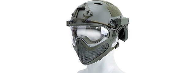 G-Force Pilot Full Face Helmet with Steel Mesh Face Guard - OD Green