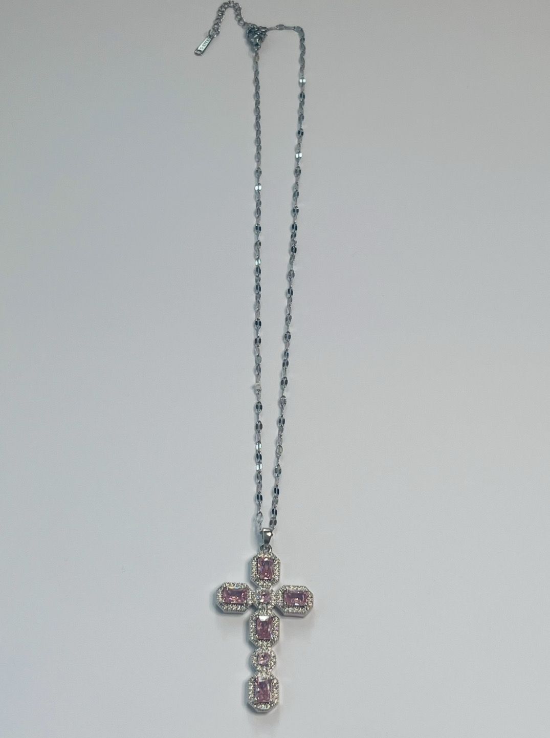 Stainless Steel Necklace With Pink And Clear Stone Cross Pendant